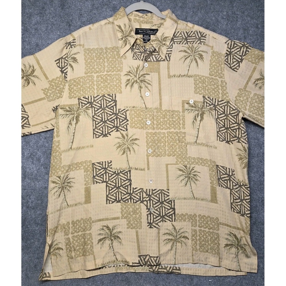 Tori Richard Honolulu Geometric Button Up Silk Hawaiian Shirt Mens L Palm Trees